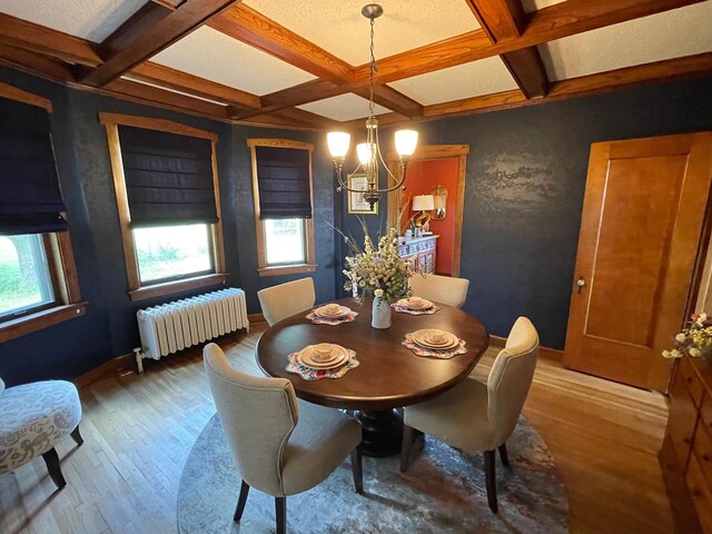 dining room with radiator heating unit, a wealth of natural light, coffered ceiling, and hardwood / wood-style floors