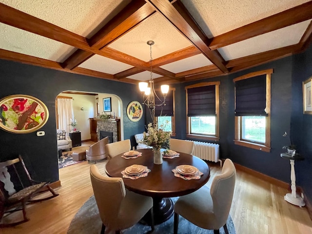 dining space featuring light wood-type flooring, a textured ceiling, radiator, and beamed ceiling