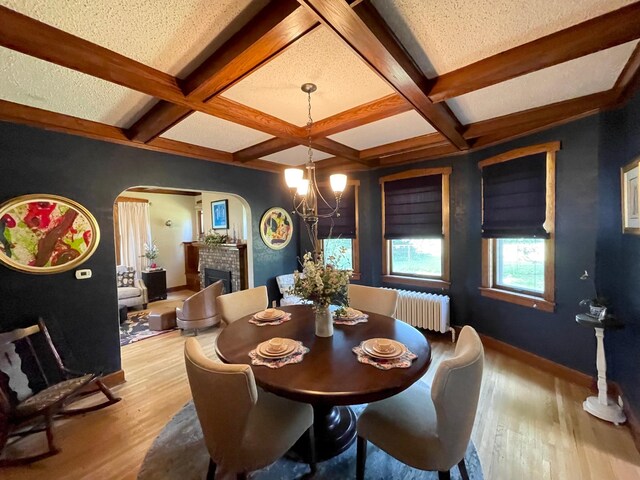 38364 200th St, Springfield, MN 56087 - dining room with baseboards, beam ceiling, radiator heating unit, and wood finished floors