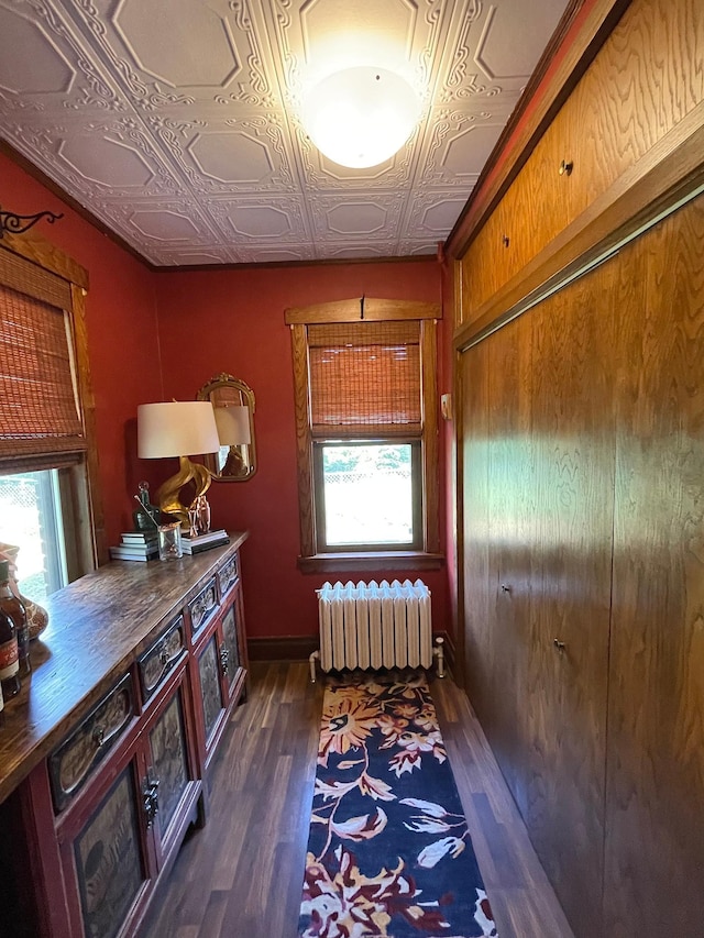 hallway featuring radiator heating unit and dark hardwood / wood-style floors