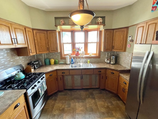 38364 200th St, Springfield, MN 56087 - kitchen with appliances with stainless steel finishes, a sink, brown cabinetry, stone finish flooring, and backsplash