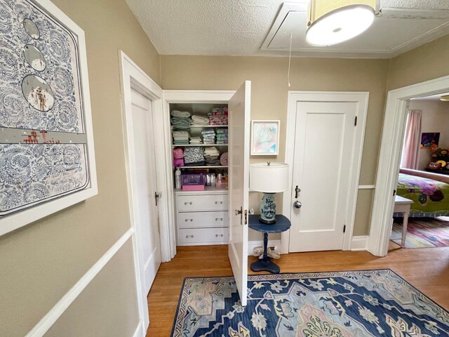 38364 200th St, Springfield, MN 56087 - interior space with a textured ceiling, wood finished floors, and attic access