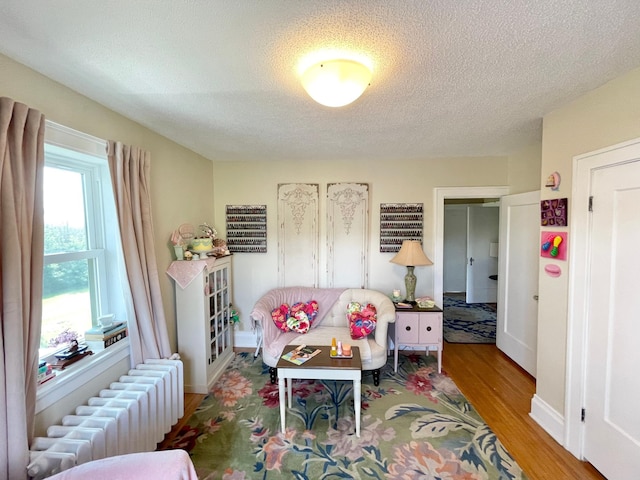 living room featuring a textured ceiling, light hardwood / wood-style floors, and radiator