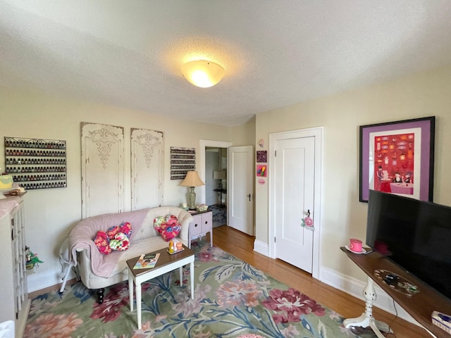 living room with wood-type flooring and a textured ceiling