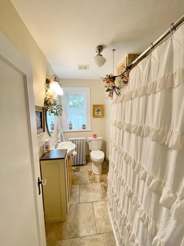 38364 200th St, Springfield, MN 56087 - full bath featuring vanity, toilet, radiator, curtained shower, and visible vents