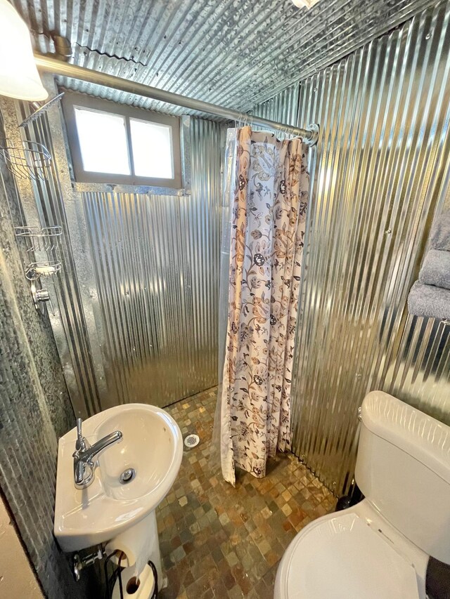 38364 200th St, Springfield, MN 56087 - bathroom featuring a sink, brick floor, a shower stall, and toilet