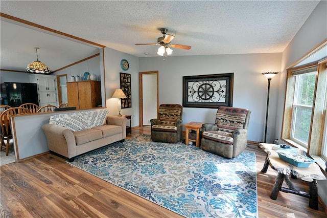 living room with wood-type flooring, ceiling fan, and a textured ceiling