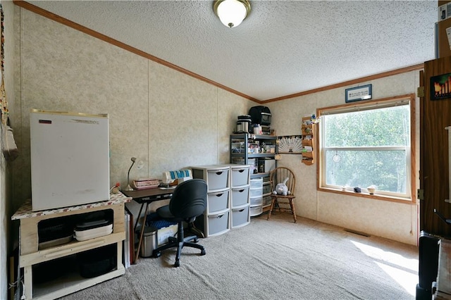 home office featuring a textured ceiling, carpet flooring, and crown molding