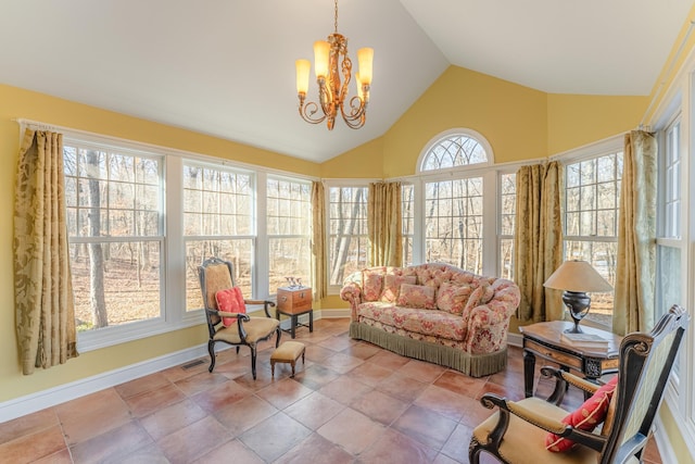 sitting room featuring visible vents, an inviting chandelier, baseboards, and lofted ceiling