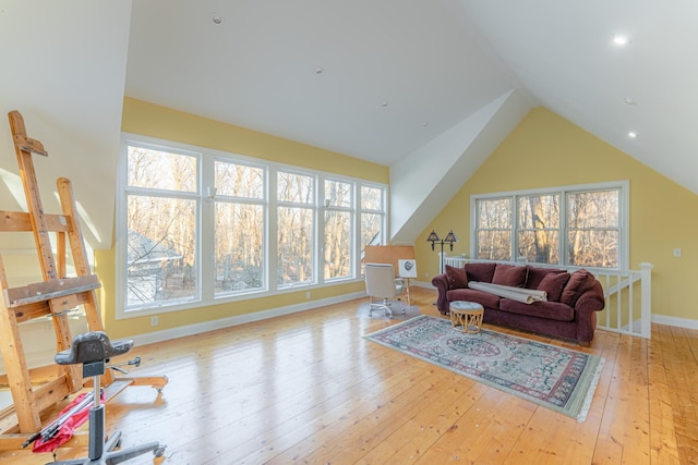 living room with baseboards, lofted ceiling, and wood-type flooring