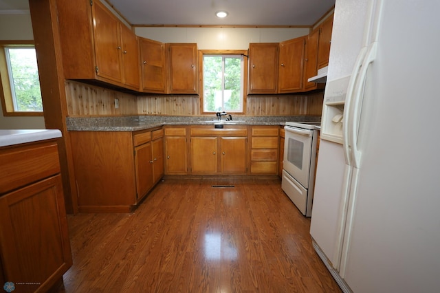 kitchen featuring white appliances, under cabinet range hood, brown cabinetry, and wood finished floors