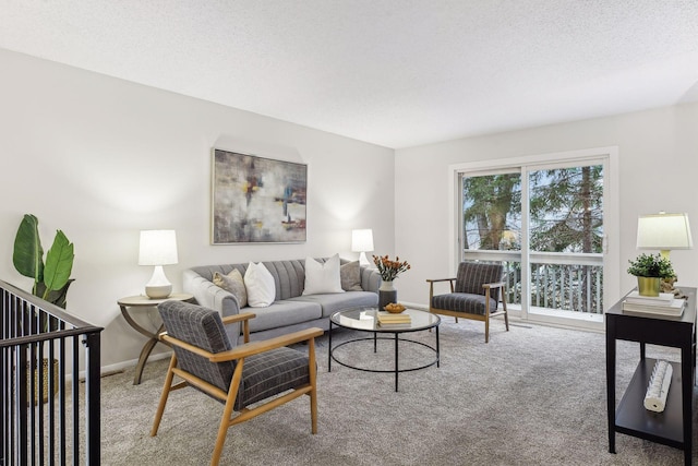 carpeted living room with a textured ceiling