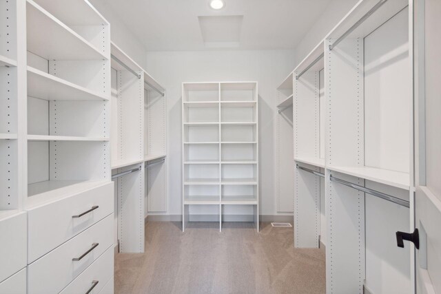 walk in closet with light carpet