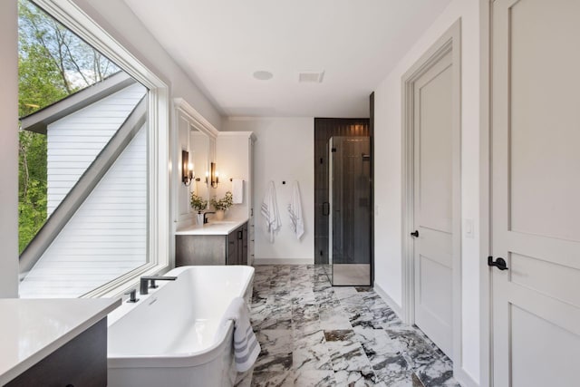 bathroom featuring vanity and separate shower and tub