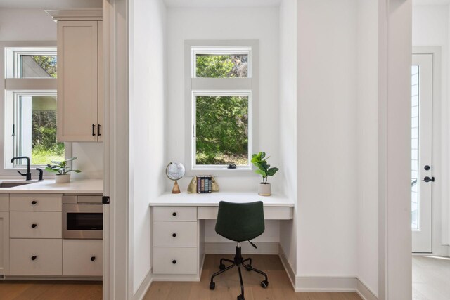 home office featuring plenty of natural light and light hardwood / wood-style flooring