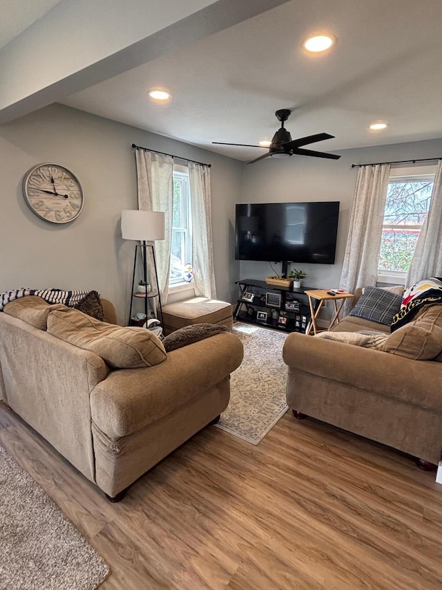 608 Granger Rd, Detroit Lakes, MN 56501 - living room featuring plenty of natural light, wood finished floors, ceiling fan, and recessed lighting