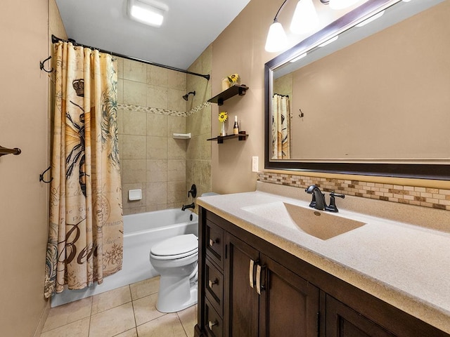 full bathroom featuring backsplash, shower / bathtub combination with curtain, toilet, vanity, and tile patterned flooring