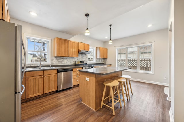 kitchen with stainless steel appliances, a kitchen island, a wealth of natural light, and sink