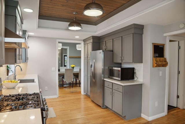 kitchen with gray cabinetry, sink, a raised ceiling, and appliances with stainless steel finishes