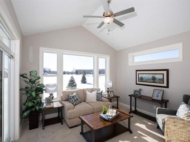 carpeted living room with a water view, ceiling fan, and lofted ceiling