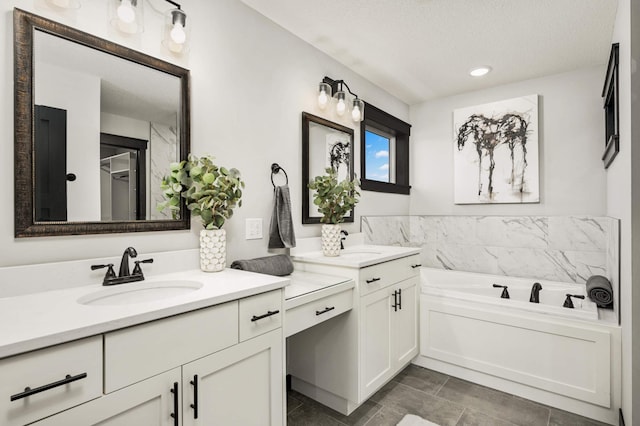 1105 136th St E, Rosemount, MN 55068 - full bathroom with vanity, a garden tub, a textured ceiling, and recessed lighting