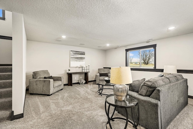 1105 136th St E, Rosemount, MN 55068 - living room featuring stairs, carpet floors, recessed lighting, a textured ceiling, and baseboards
