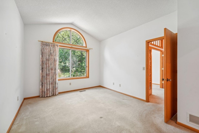 empty room with lofted ceiling, light carpet, and a textured ceiling