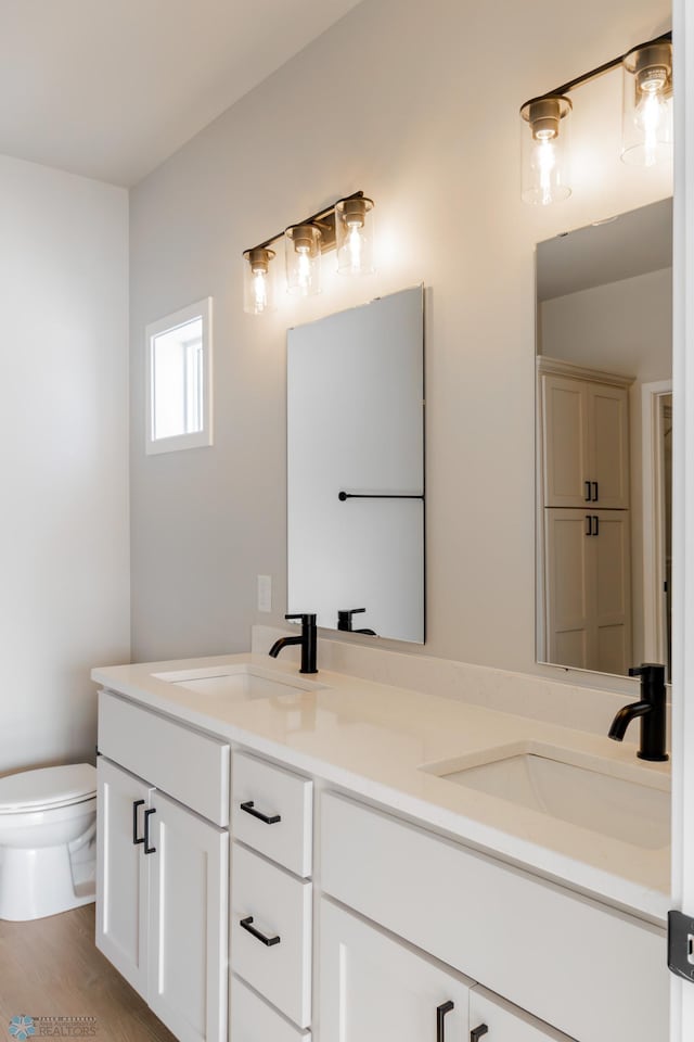 bathroom with hardwood / wood-style floors, vanity, and toilet