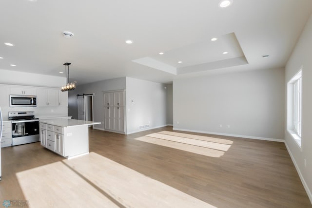 kitchen featuring pendant lighting, a center island, white cabinets, a raised ceiling, and stainless steel appliances