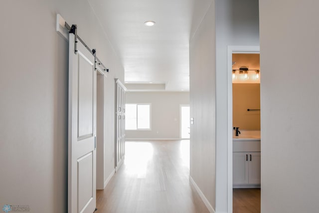 hallway featuring light wood-type flooring, a barn door, and sink