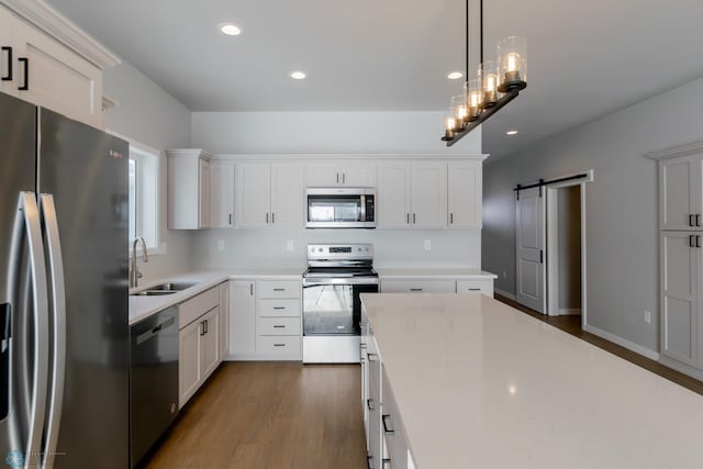 kitchen featuring white cabinetry, sink, stainless steel appliances, dark wood-type flooring, and a barn door