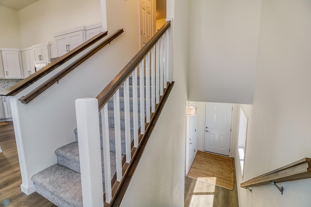 staircase featuring wood-type flooring