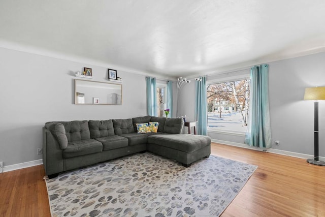 living area with baseboards and wood finished floors