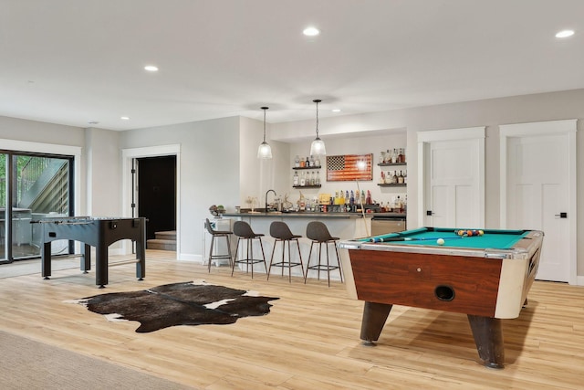 3028 Pinewood Rd SE, Rochester, MN 55904 - recreation room with bar area, recessed lighting, light wood-type flooring, billiards table, and baseboards