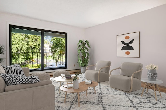 living room with wood-type flooring and baseboard heating