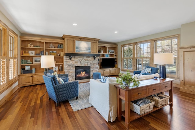 living room with hardwood / wood-style flooring and a stone fireplace