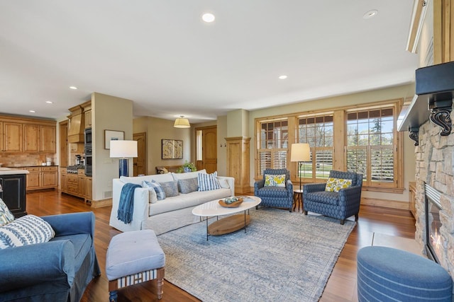 living room with a fireplace and light wood-type flooring