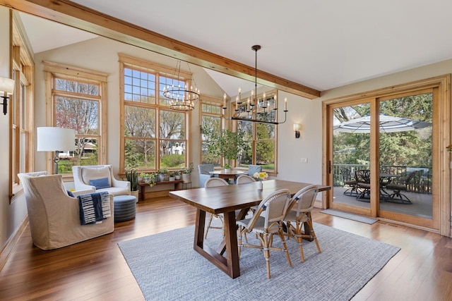 dining area featuring hardwood / wood-style floors and a chandelier