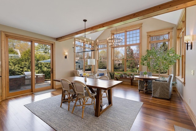 dining area with beamed ceiling, a chandelier, and dark hardwood / wood-style flooring