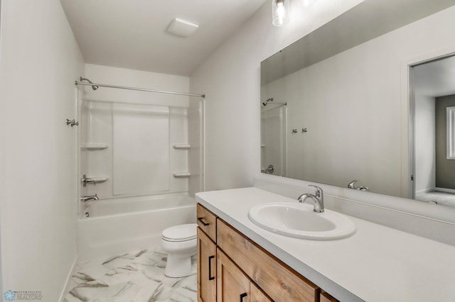 7043 Benji Ln, Fargo, ND 58047 - bathroom featuring vanity, marble look tile flooring, shower / washtub combination, and toilet