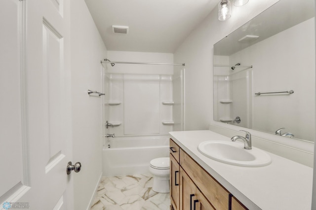 7043 Benji Ln, Fargo, ND 58047 - bathroom with vanity, marble look tile flooring, toilet, and tub / shower combination