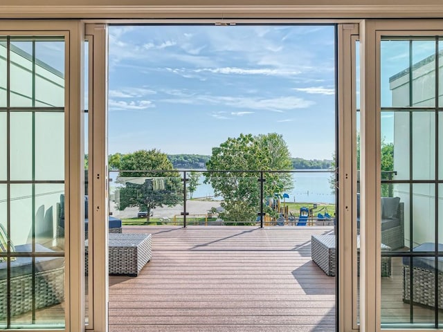 entryway with a water view