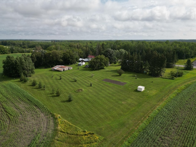 birds eye view of property featuring a view of trees and a rural view