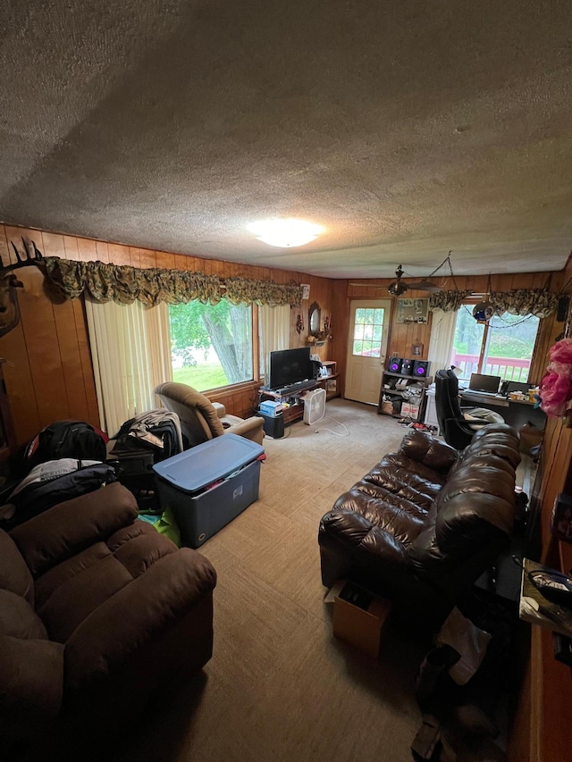 living room with a textured ceiling, carpet floors, and wood walls