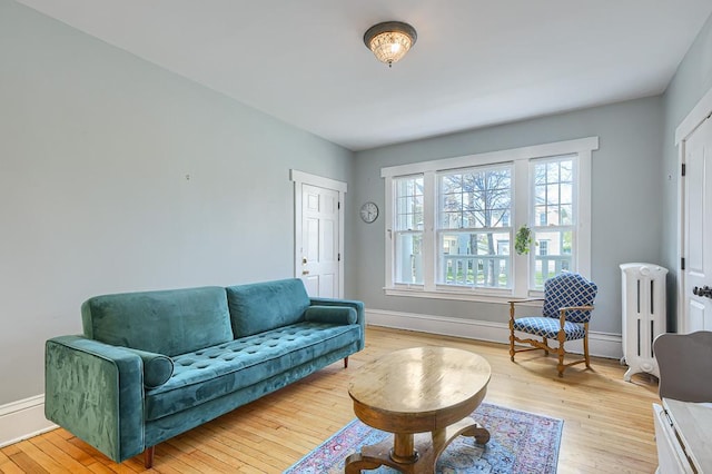 living room with light hardwood / wood-style flooring and radiator heating unit