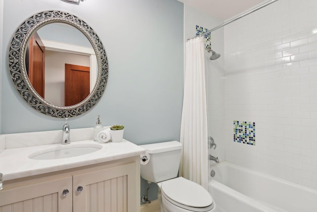 full bathroom with toilet, shower / bathtub combination with curtain, and vanity