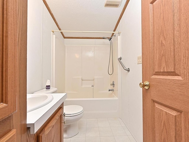27602 County Road 51, Bovey, MN 55709 - bathroom featuring tub / shower combination, a textured ceiling, vanity, tile patterned flooring, and toilet