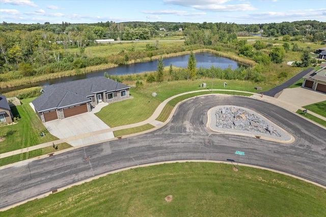 bird's eye view with a water view