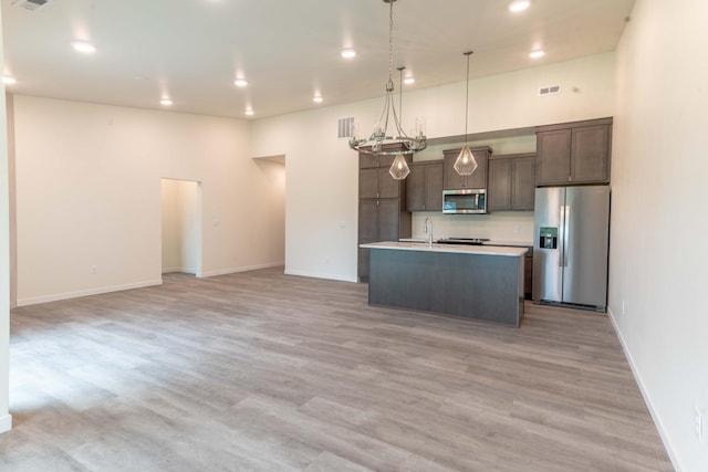 kitchen with hanging light fixtures, light hardwood / wood-style flooring, appliances with stainless steel finishes, tasteful backsplash, and a kitchen island with sink