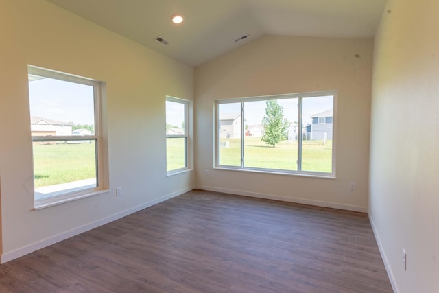 empty room featuring lofted ceiling and dark hardwood / wood-style flooring